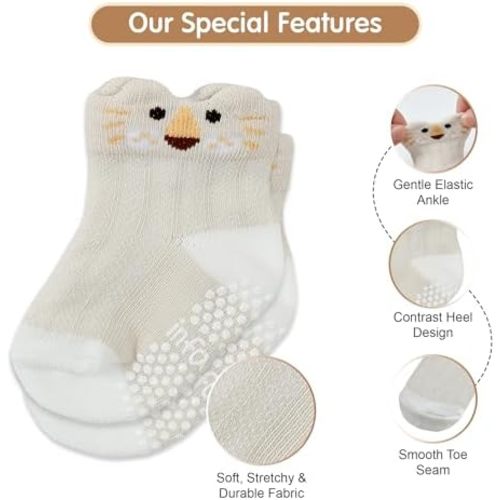 Organic Cotton GOTS Certified Non-Slip Baby Socks 0-6 Months - 7 Pairs Soft Breathable Newborn Socks Animal Design For Infant