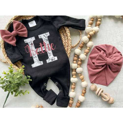 Personalized baby girl coming home outfit, vintage black and white floral with pink embroidery, baby shower gift