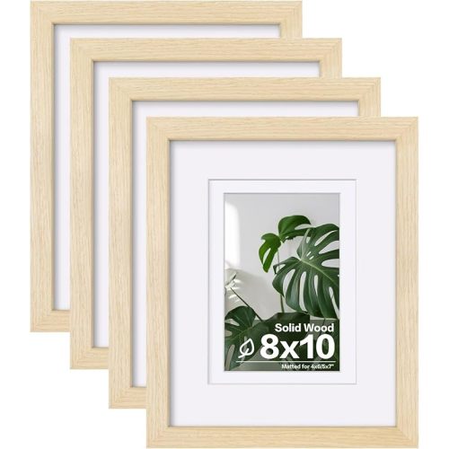 Egofine 8x10 Picture Frames Set of 4, Made of Solid Wood Covered by Plexiglass 4x6 and 5x7 with Mat or 8x10 without Mat, for Table Top Display and Wall Mounting Photo Frame Oak Wood