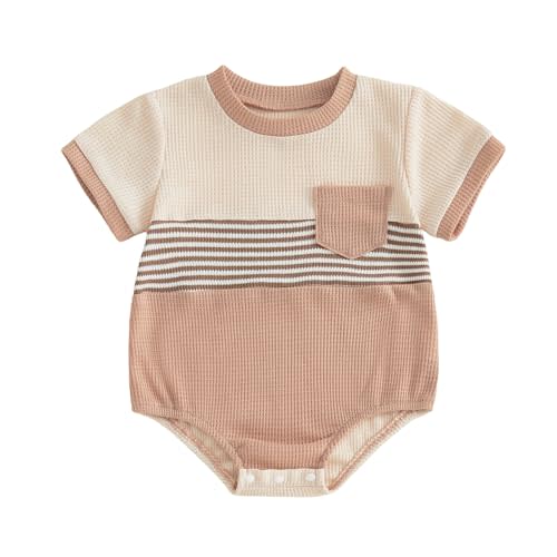 VISGOGO Unisex Baby Boy Girl Striped Romper Waffle Short Sleeve Bubble Oversized Romper Bodysuit Summer Onesie Clothes