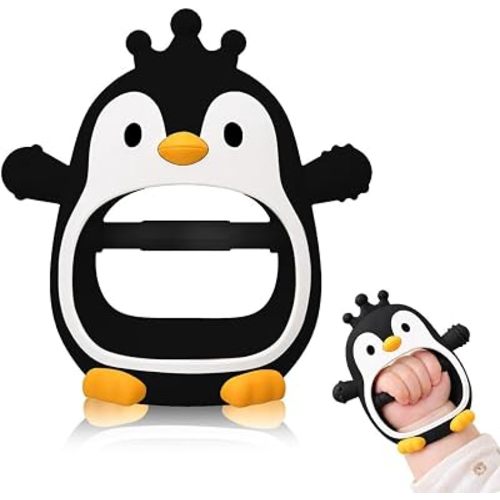 SLUQQHDUBaby Teething Toys for 0-6 6-12 Months, Penguin Teethers for Babies,Hand Teether for Infant,Anti Dropping Wrist Hand Teethers Baby Chew Toys,BPA Free,New Born Essentials (Black)