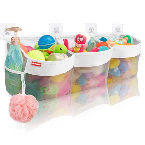 UNEEDE 4.95 Gallons 3 Compartment Horizontal Bath Toy Storage | Bathtub Toy Storage Organizer,Bath Toy Holder For Bathtub,Baby Bath Toy Organizer For Tub,Mesh Shower Caddy(Gray)