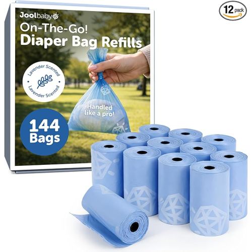 Jool Baby Disposable Diaper Bag Refills for Diaper Bag Dispenser (12 Rolls, 144 Count) – Lavender-Scented Odor-Controlling Diaper Sacks – Fits Any On-the-Go Dispenser