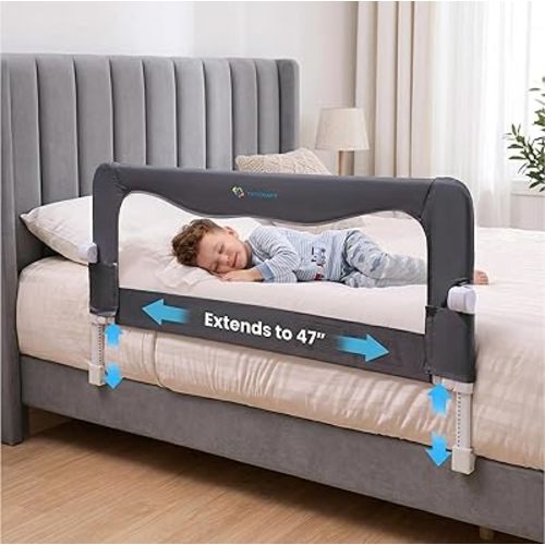 TotCraft MiniFlex Adjustable Length & Height Bed Rail for Toddlers – Fits Twin, Full & Queen Beds – 35.5″ or 47″ Two Fixed Lengths – 14 Height Levels – ASTM Certified Toddler Bed Rails for Kids (Grey)