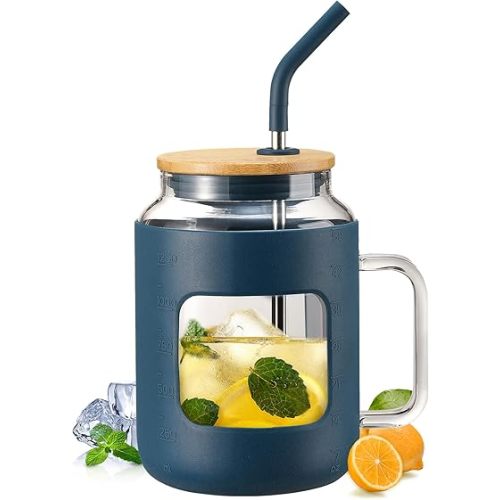 50 oz! Glass Water Bottles with Silicone Sleeve,Glass Tumbler with Lid and Straw,Iced Coffee Cup with Handle,BPA Free-Blue