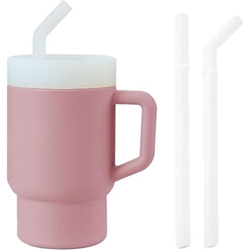 PandaEar Kids Tumbler Silicone Toddler Cup with Straw and Handle, 9.5oz Spill-Proof Training Cup for Baby, BPA-Free, Easy to Clean -Blue (Pink)