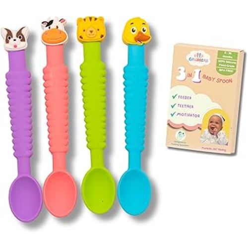 3-in-1 Silicone Baby Spoon Self Feeding 6+ Months - Pediatric OT Designed Teether Spoon, BPA Free Toddler Utensils, Mess-Free, Fun for Baby Led Weaning Supplies, Complete Set