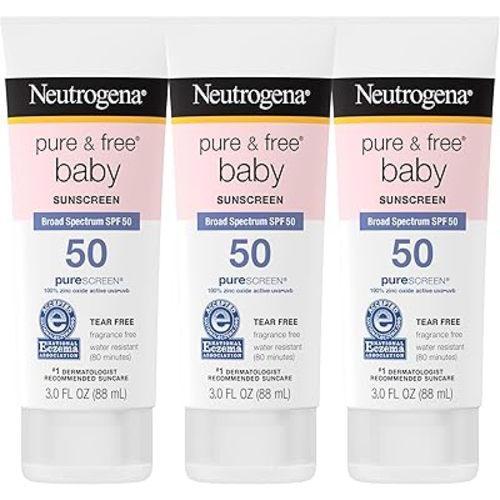 Neutrogena Pure & Free Baby Mineral Sunscreen Lotion with Broad Spectrum SPF 50 & Zinc Oxide, Water-Resistant, Hypoallergenic & Tear-Free Baby Sunscreen, 3 fl. oz, 3 pk