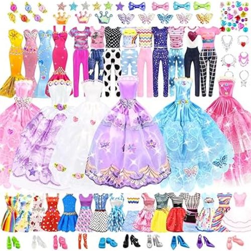75Pcs Doll Clothes and Accessories Fashion Design Kit for 11.5 Inch Doll Dress up with 2 Wedding Gown Dresses 3 Party Dress 8 Mini Dresses 3 Tops and Pants 10 Shoes 6 Necklaces