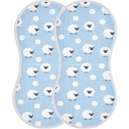 Muslin Burp Cloths for Baby Boys and Girls - 2-Pack Ultra Absorbent Sheep Muslin Washcloths, Newborn Towel, Milk Spit Up Rags, Burp Cloth Bibs for Unisex, 22 x 11 Inch