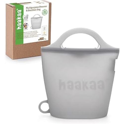 Haakaa Silicone Travel Microwave Steamer & Steriliser Bag, 30oz/900ml Reusable Silicone Steaming Bags for Baby Small Items, Pacifiers, Teethers or Baby Cups, Great for Home and On-The-Go, Grey/1PC