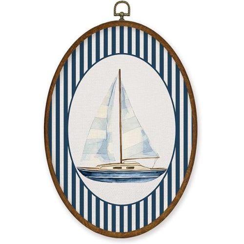 WULQYING Coastal Sailboat Nautical Nursery Wall Art Decor, Kids Room Oval Framed Canvas Art Prints, Blue Striped Sailboat Wall Hanging Decor for Kids Toddler Boy Room Bedroom Playroom, 8.6x11.4 Inches