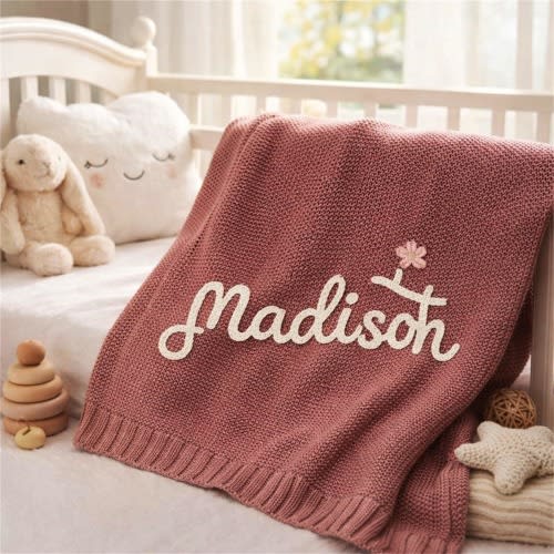 Embroidered Baby Name Blanket | Personalized Knit Baby Blanket | Soft Organic Cotton | Newborn Coming Home Gift