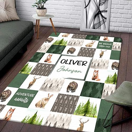 ENCYCOM Personalized Green Woodland Rug Playmat with Custom Name, Deer Bear Fox RABIT Animal, Woodland Nursery Decor, Playmat for Boys, Girls Rug Play Mat, Woodland Theme Nursery