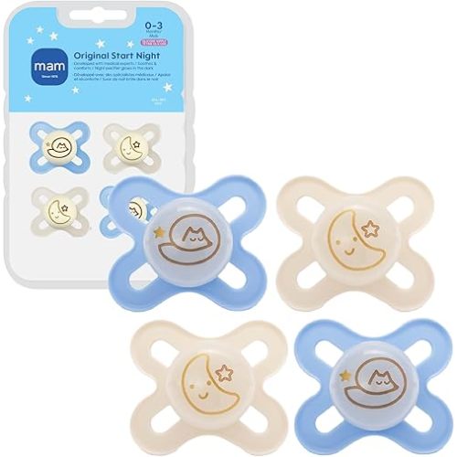 MAM Original Start Night Baby Pacifiers 0-3 Months Newborns, BPA-Free Skin Soft Silicone Nipple, Glows in The Dark, Developed with Medical Experts, 4 Count