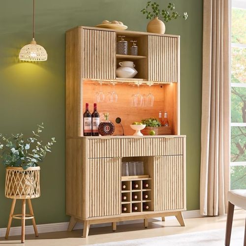 OKD 72" Tall Cabinet with Storage Hutch, Modern Wood Fluted Coffee Bar Cabinet with LED Lights and 10 Tier Storage Shelf & 9 Grid Wine Glass Rack for Home Dining Room Kitchen (Natural Oak)