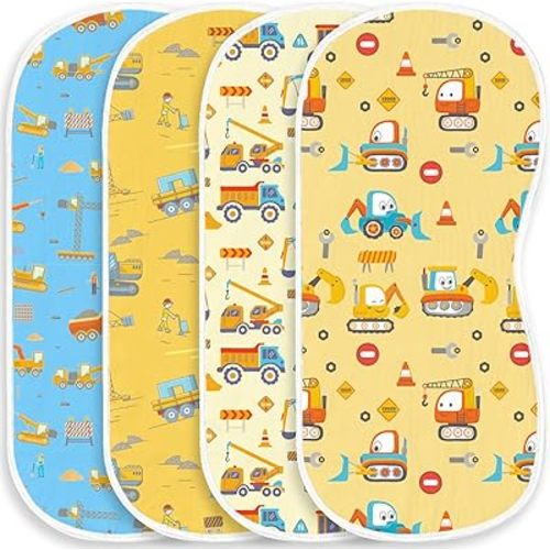 4 Pack Baby Burp Cloths for Boys Girls, Soft Cotton, Construction Excavator Theme Design, Super Absorbent Baby Burping Cloths for Newborns, Machine Washable and Reusable Baby Spit-Up Cloths