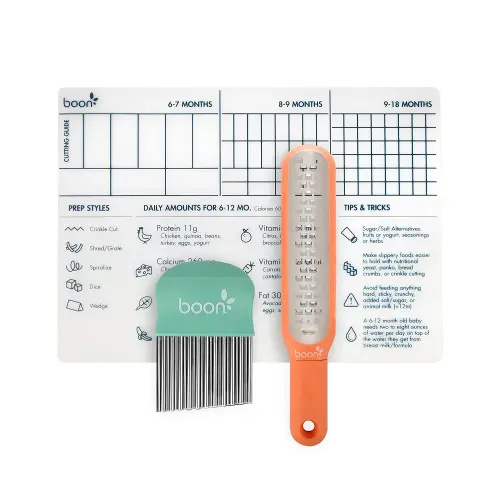 Boon DIVVY Baby Solid Food Prep Starter Kit - Includes 11x14 Silicone Placemat, Grater, and Crinkle Cutter - Baby Feeding Set - Baby Food Cutting Mat for Baby Feeding Supplies - 3 Count