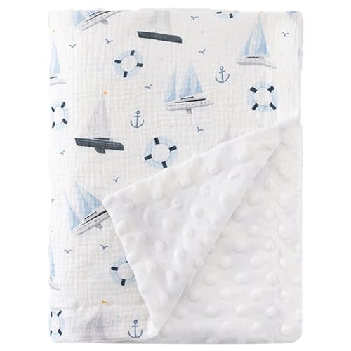 Sailboat Minky Baby Blanket for Boys Girls, 29.5'' x 39.3'' Soft Nursery Receiving Blankets with Muslin Cotton Front and Dotted Fleece Backing for Newborn Toddler Crib Stroller Car Seat