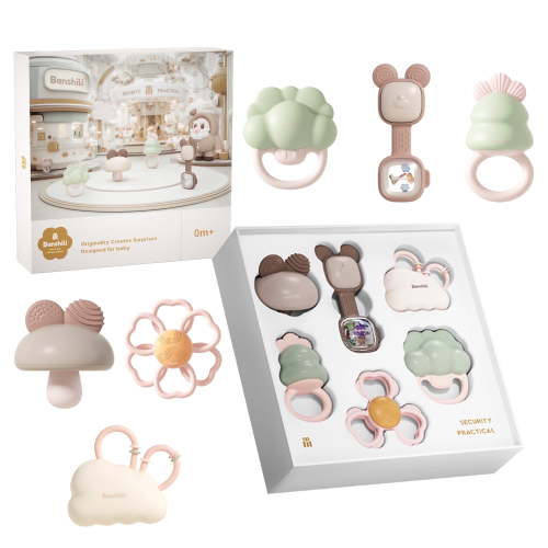 BanshiLi 6-Piece Baby Teether & Rattle Gift Set,Soft Silicone Animal & Plant Shapes,Ideal Baby Shower Gift, Teething Relief & Sensory Toys for 0+ Months