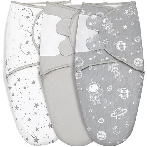 GLLQUEN BABY Organic Newborn Swaddles Sleep Sack, Swaddle Blankets for Baby Boy, 3 Pack Adjustable Wrap Set, Gray Starry Sky & Astronaut, 0-3 Months (Small/Medium)