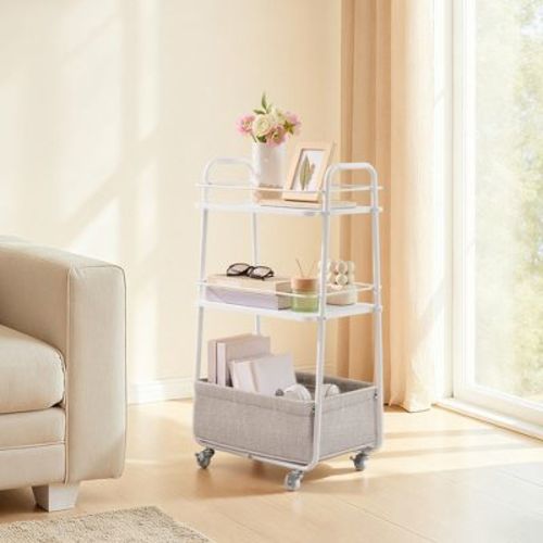 LEDREM Rolling Utility Cart, 3-Tier Organizer with Shelves and Fabric Basket, Storage Trolley for Living Room, White