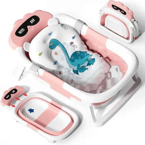 AVIDOR Baby Bathtub,Collapsible Bathtub for Newborn to Toddler,Durable Essential Infant Bath Tub,Portable Travel Baby Tub with Soft Bath Net,No-Slip Feet and Dinosaur Shaped (Pink)