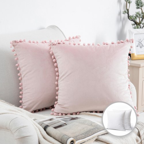 Phantoscope Throw Pillow with Insert，Silky Velvet Series Pom Pom Decorative pillow, 18" x 18", Light Pink, 2 Pack