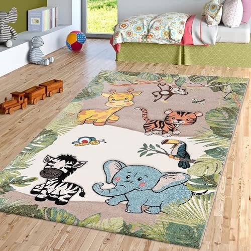 Paco Home Kids Rug Colorful Animals Giraffe Lion Monkey in Beige, Size: 3'11" x 5'7"