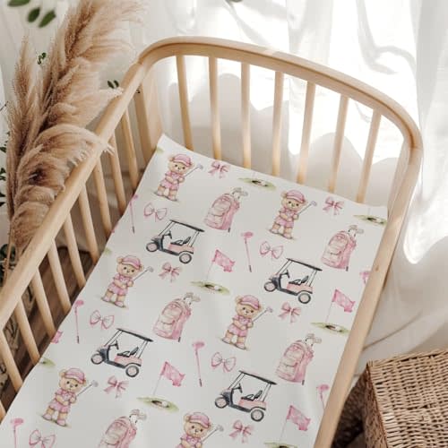 Cute Golf Bear Balls Cart Club Pink Baby Crib Sheet for Boys & Girls 52x28x9 in Bears Bows Golfing Bag Sport Fitted Crib Mattress Cover for Golfs Lover Gift Bed Sheet Balls One Size