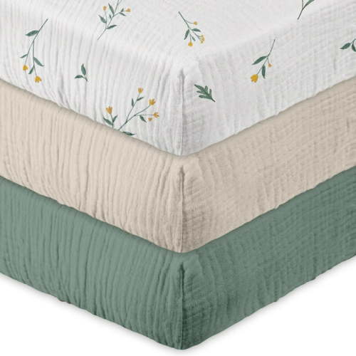 Gllquen Baby Muslin Soft Cozy Cotton Mini Crib N Play Fitted Sheets for Boys Girls 3-Pack, Leafy Green
