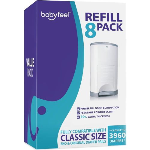 Babyfeel Refills Compatible with DEKOR CLASSIC Diaper Pails | 8 Pack | Exclusive 30% Extra Thickness | Diaper Pail Refills with Powerful Odor Elimination | Powder Scent | Holds up to 3960 Diapers