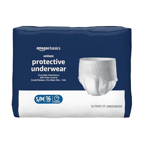 Amazon Basics Unisex Protective Underwear, Overnight Absorbency, Small/Medium, 16 Count