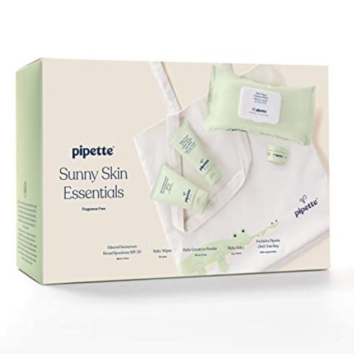 Pipette Sunny Skin Essentials Kit - Mineral Sunscreen for Kids and Family, Baby Wipes, Balm, Cream to Powder and Tote Bag, Everyday Skincare for Playground, Beach or Sunny Picnic spot (5-Piece Set)