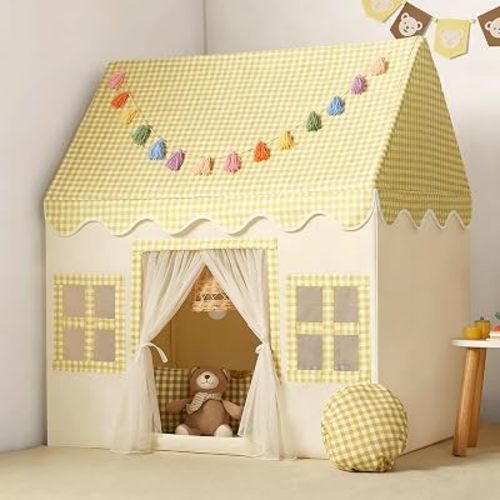 Kids Play Tent Indoor: Mat, Tassel Garland - Yellow Checkered Boys Tent Playhouse for Girls Kids Toys for Boy Girl Birthday Gift