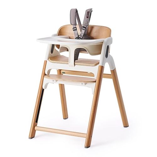 Momcozy DinerPal Wooden High Chair for Babies, Toddlers & Adults Up to 308 Lbs, Convertible Baby Highchair with Food-Grade Tray, Dishwasher-Safe, Adjustable & Ergonomic, Natural Wood