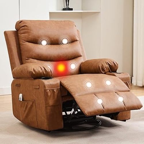 Leather Recliner Chair Nursery, Oversized Manual Reclining Rocking Chair, 360 Swivel Glider with Cup Holder, Massage and Heat Recliner, Indoor Small Single Sofa Chairs for Adults, RV, Bedroom, Brown