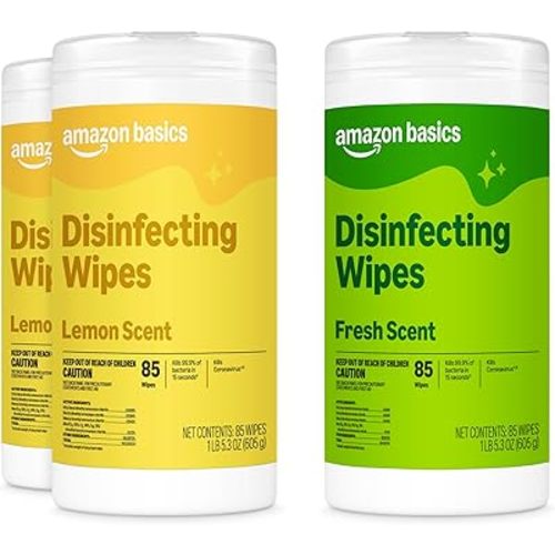 Amazon Basics Disinfecting Wipes, Lemon & Fresh Scent, Sanitizes, Cleans, Disinfects & Deodorizes, 255 Count (3 Packs of 85), Packaging May Vary