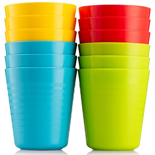 PLASKIDY Kids Cups - Set of 12, 8 oz Plastic Cups Reusable - Dishwasher Safe - BPA-Free for Kids & Toddler