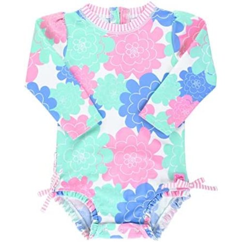 RuffleButts Baby Girls UPF 50+ Sun Protection Floral Printed Long Sleeve One Piece Rash Guard Swimsuit with Zipper