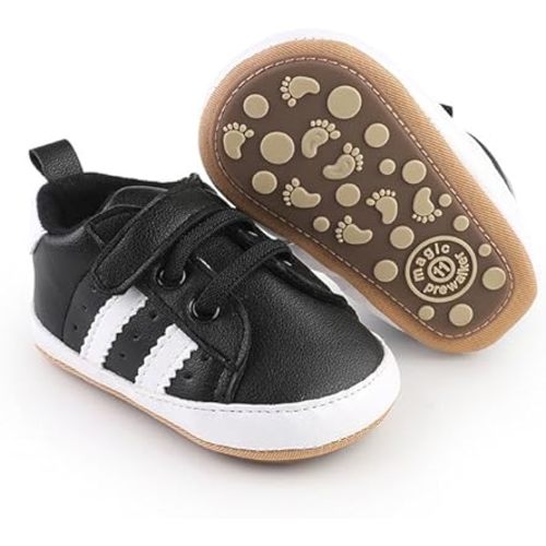 Newbron Baby Boys Girls Retro Sneakers Pu Leather Rubber Sole Walking Shoes Toddler Non-Slip First Walkers Infant Slippers Crib Shoes