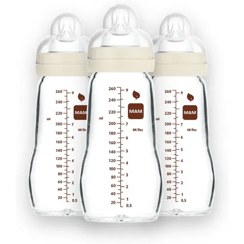 MAM Premium Glass Baby Bottles, Easy Switch Between Breast and Bottle, Feel Good Slow Flow, Newborn Essentials Must Have, 2+ Months, BPA Free, 9oz, Unisex, 3 Pack