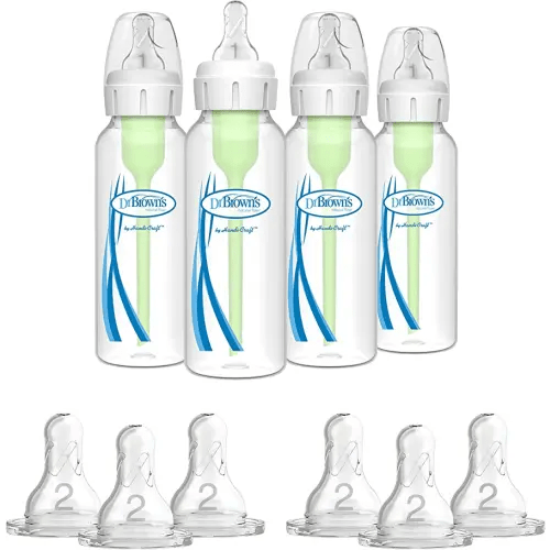 Dr. Brown's Options+ Anti-Colic Baby Bottle - 8oz - 4 Pack and Dr. Brown's Original Nipple, Level 2 (3m+), 6 Count