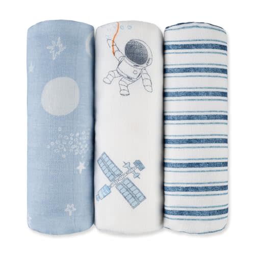 GLLQUEN BABY Receiving Blanket Boy Cotton Muslin Swaddle Blankets Girl Newborn Squares Breathable & Soft Thin Baby Blankets Cloths Double Absorbent Infant Swaddling Wrap - 3 Pack (Blue Astronaut)