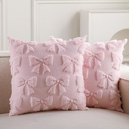 Mixweer Pink Bow Pillow Covers Set of 2 Preppy Room Decor Coquette Cute Spring Summer Decorative Faux Fur Soft Bowknot Stuff Fluffy Plush Aesthetic Pillowcase for Bed Sofa Couch (16 x 16 Inch)