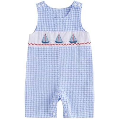Newborn Baby Boys Sleeveless Seersucker Romper One Piece Straps Overalls Striped Jumpsuit Summer Smocked Clothes