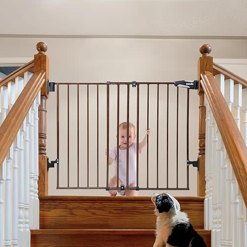 Babelio 26-43" No Bottom Bar Baby Gate for Babies, Elders and Pets, 2-in-1 Hardware Mount Dog Gate for The House, Stairs and Doorways, with Large Walk Thru Door, Black Wood Pattern