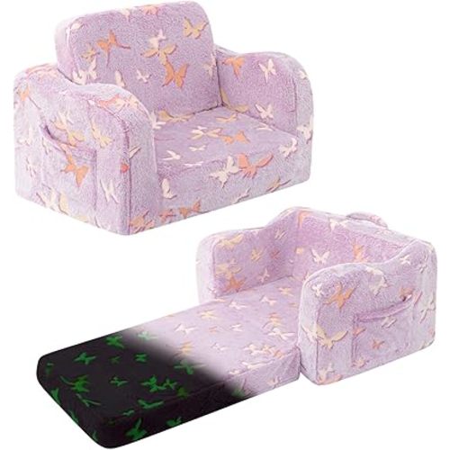 Kids Toddler Chair, 2-in-1 Toddler Couch Fold Out, Convertible Chairs for Toddlers Comfy Sofa to Lounger with Glow in The Dark Feature, Soft for Girls and Boys, Glowing Butterfly