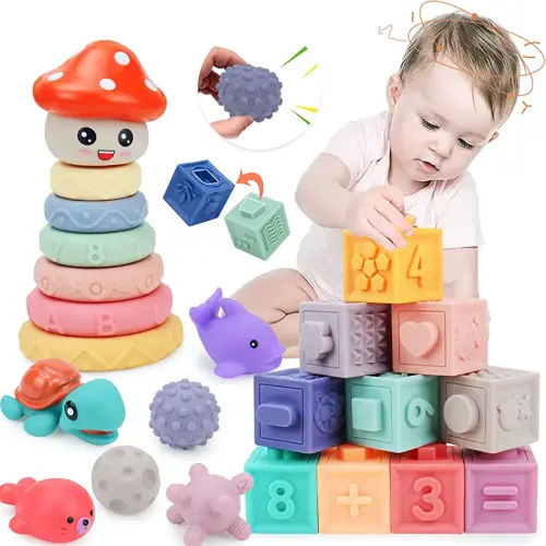 25 PCS Montessori Toys for Babies 6-12 Months,Infant Baby Toys 6-12 Months,Incl Soft Blocks for Babies & Stacking Rings & Sensory Balls & Baby Bath Toys,Sensory Developmental Learning Toys for Babies