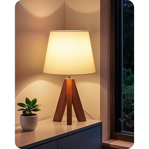 Tripod Table Lamp, Small Bedside Lamp with White Fabric Shade & Dark Wood Base, Modern Nightstand Lamp, Little Cute Desk Lamp for Bedroom, Kids Room, Living Room, Office, Study, LW51TL05